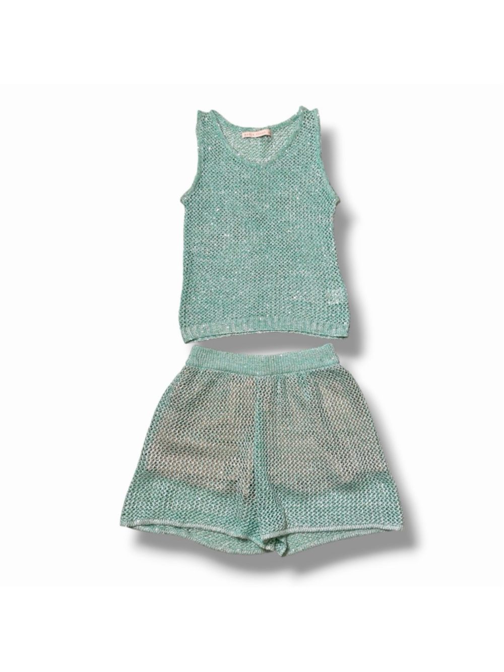 Maria Pavan SET Green Open Knit Sequin Top & Shorts Sleeveless Hi-Rise XS/P
